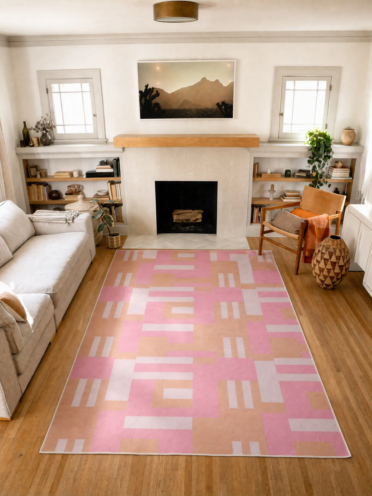 Pink Geometric Lattice Rug by Heather Zhou