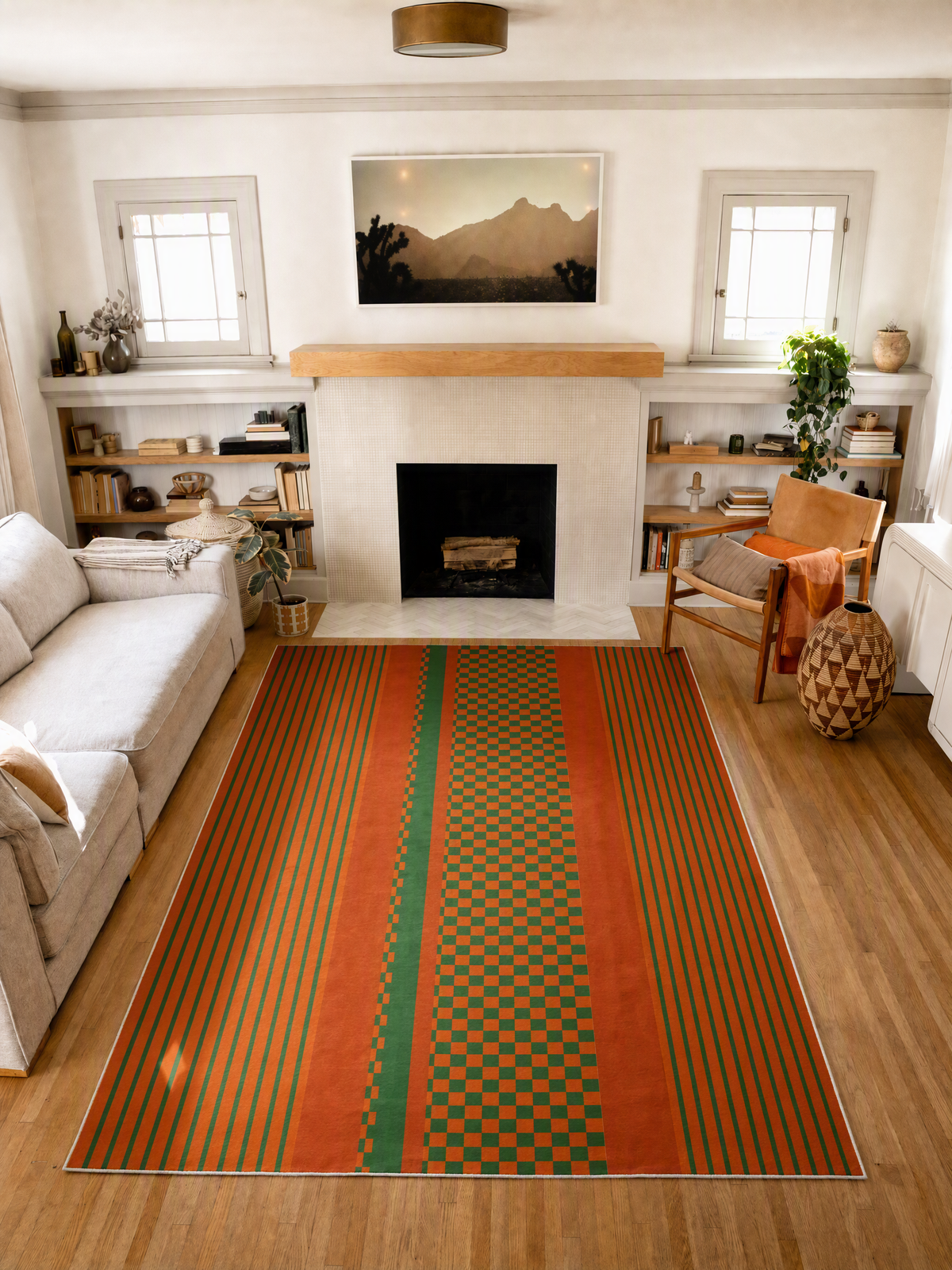 Rust Plaid Striped Rug by Heather Zhou