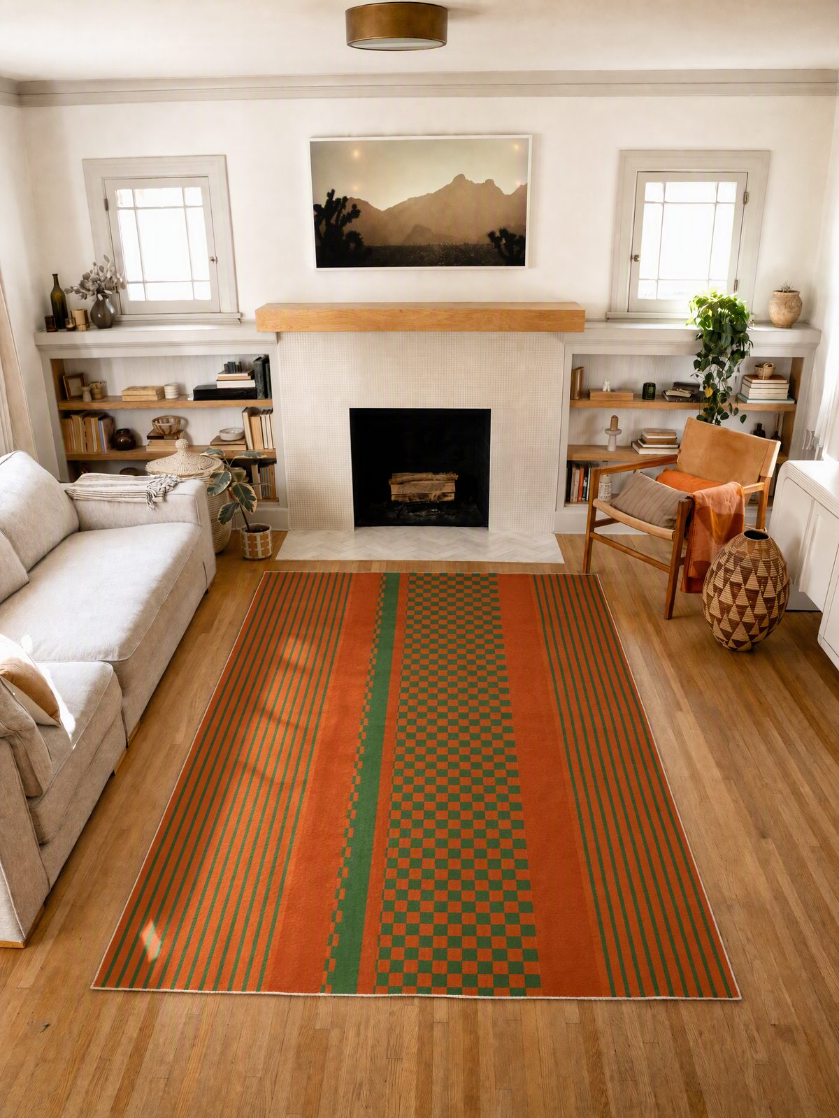 Rust Plaid Striped Rug by Heather Zhou