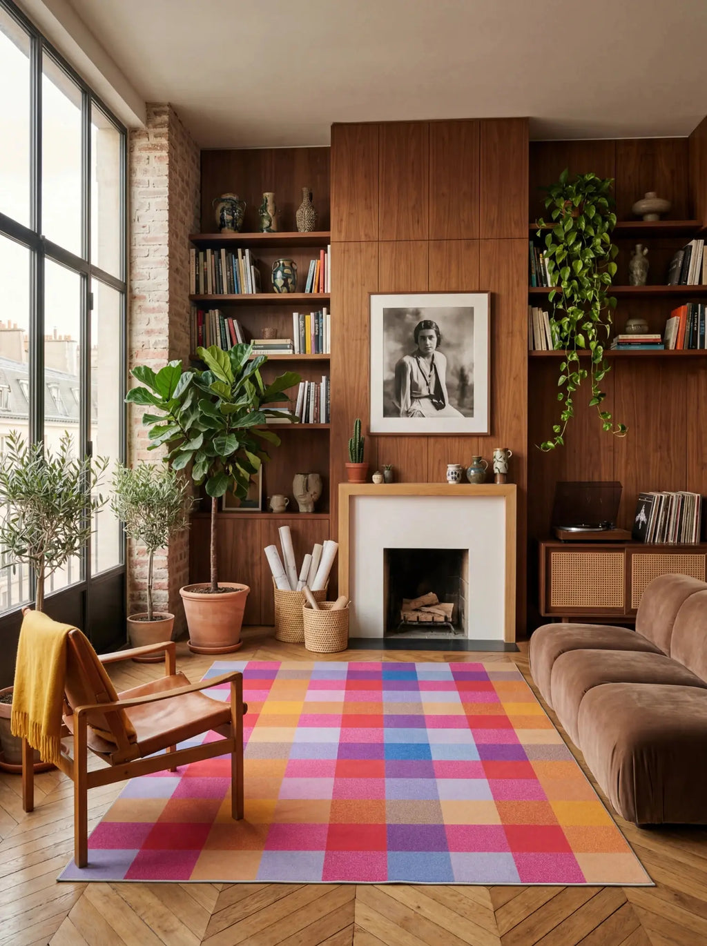 Vintage checkered area rug by Juan Marquez styled in a retro living room with a fireplace and bookshelves