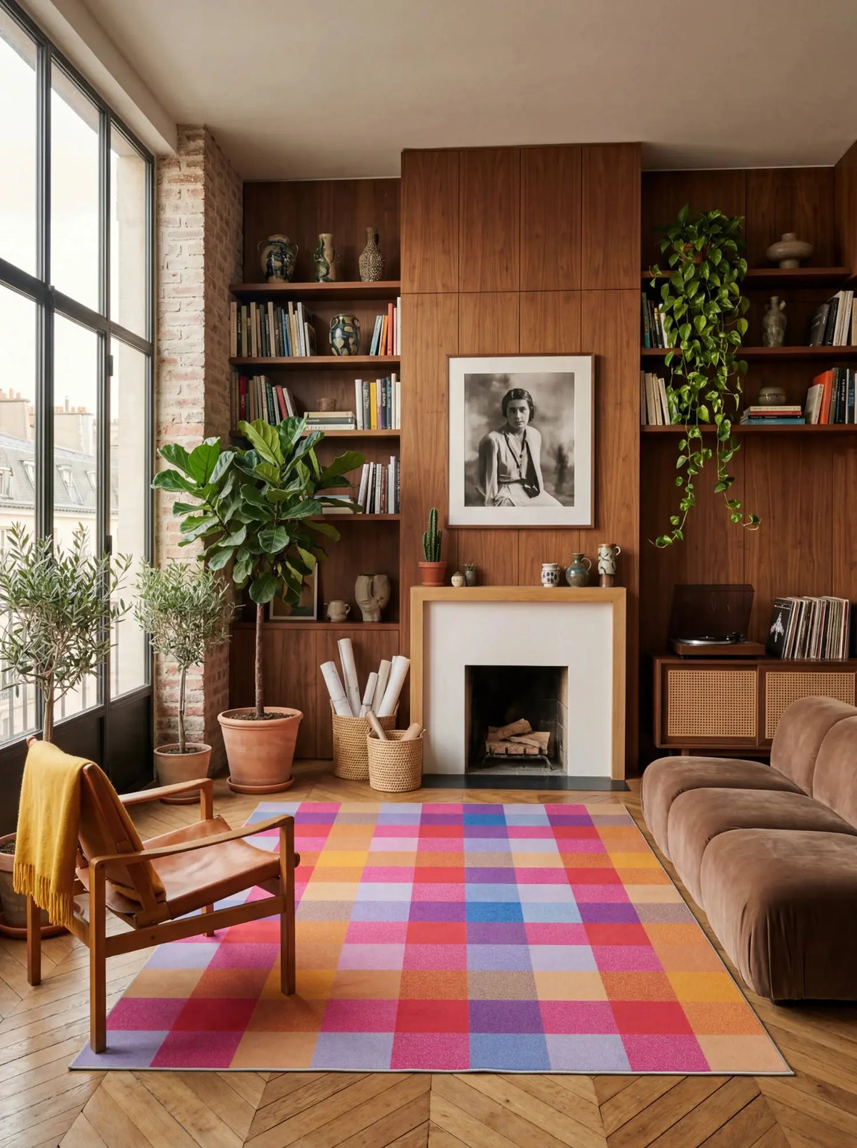 Vintage checkered area rug by Juan Marquez styled in a retro living room with a fireplace and bookshelves