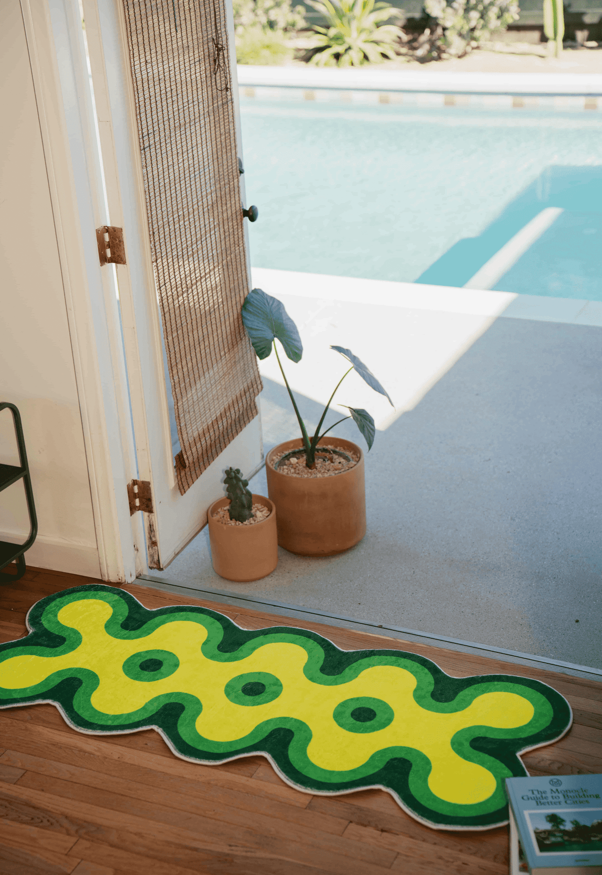 Green and yellow coral runner rug at open door by pool, resting on wood floor with books and terracotta plant pots nearby.
