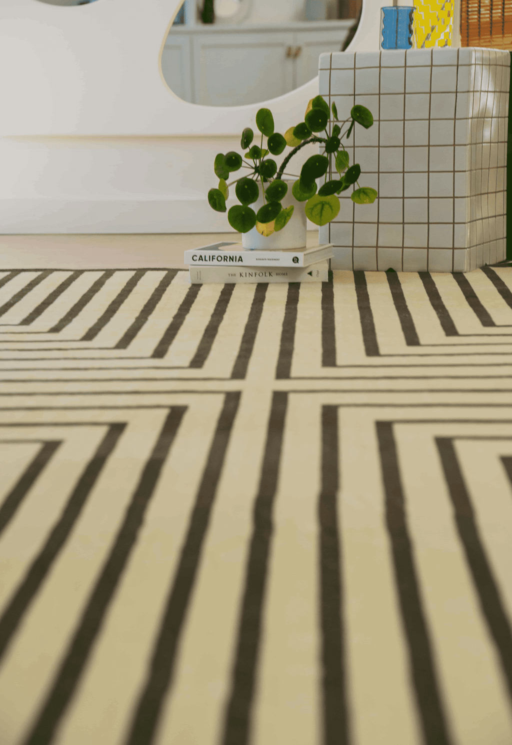 Striped rug detail beside plant on grid table, sunlight casting soft shadows through window blinds.