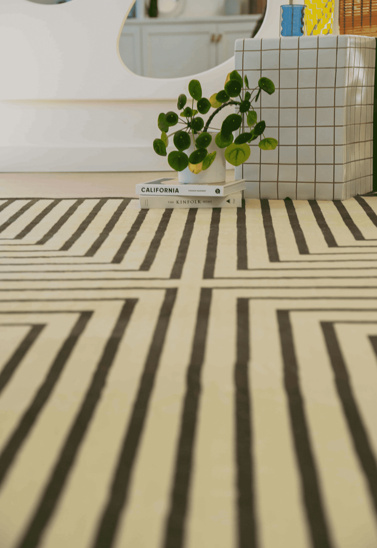 Striped rug detail beside plant on grid table, sunlight casting soft shadows through window blinds.