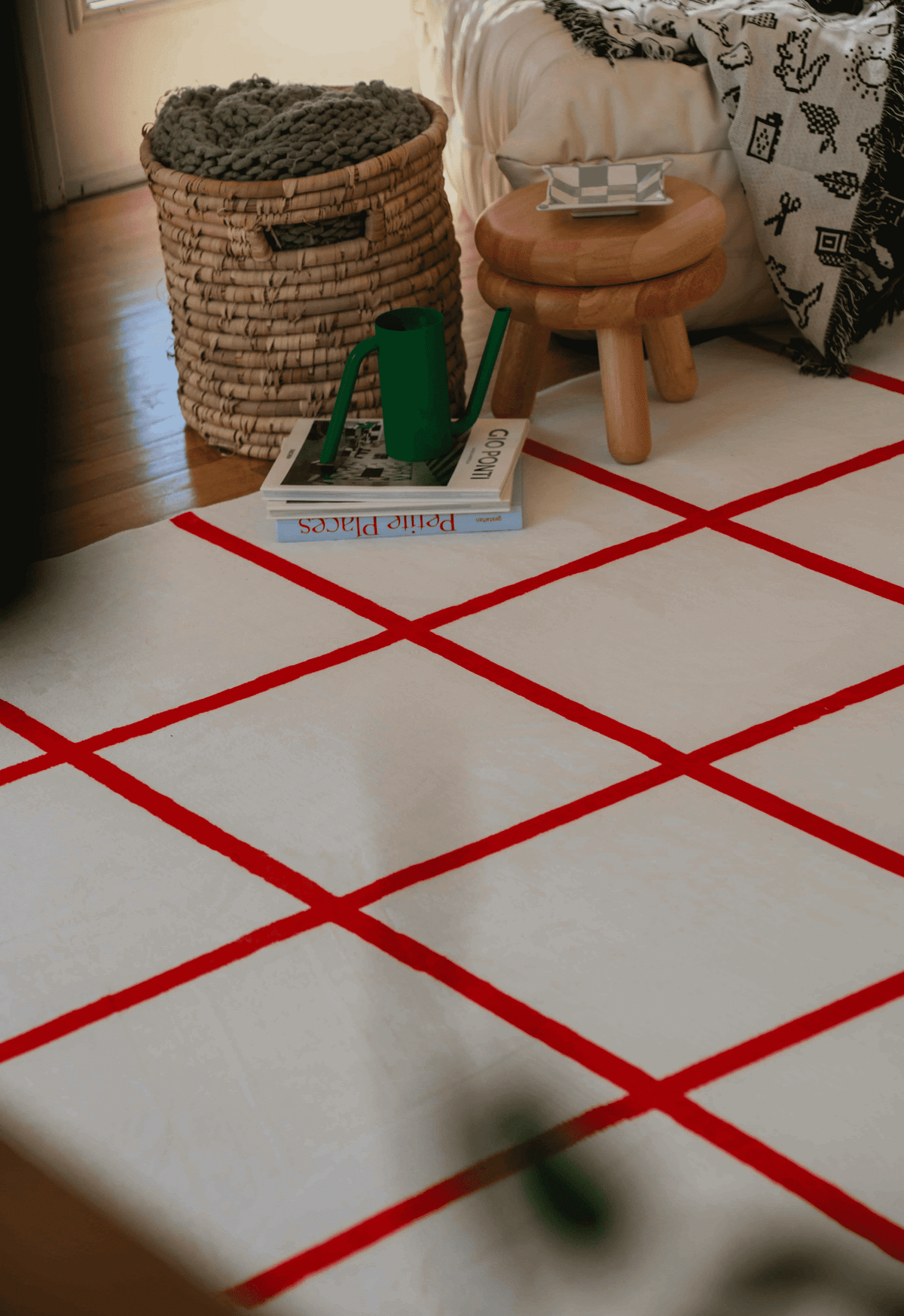 Corner of red grid rug near green watering can and knit basket beside sofa with black-and-white throw in a sunlit room.