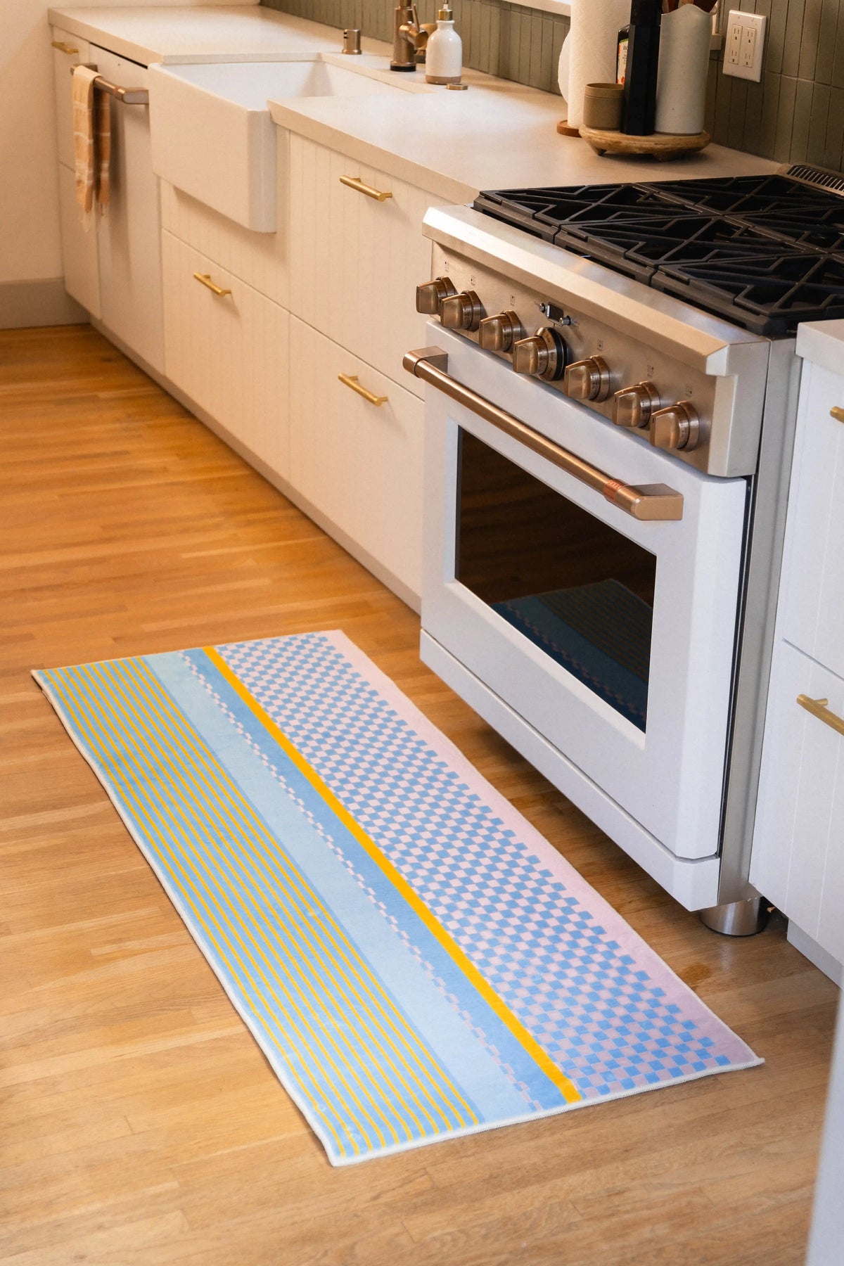 Blue and Pink Striped Checkered Rug by Heather Zhou
