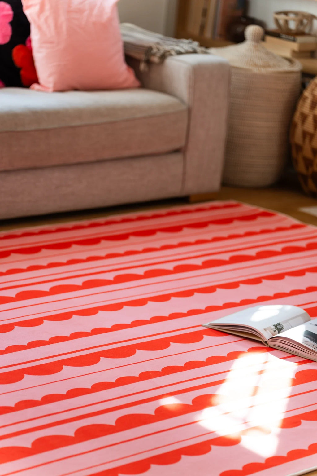 Orange and Pink Scalloped Striped Rug by Becca Franks