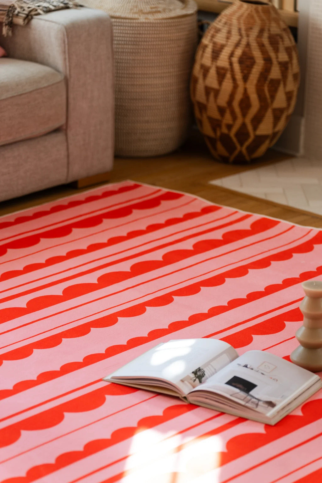 Orange and Pink Scalloped Striped Rug by Becca Franks