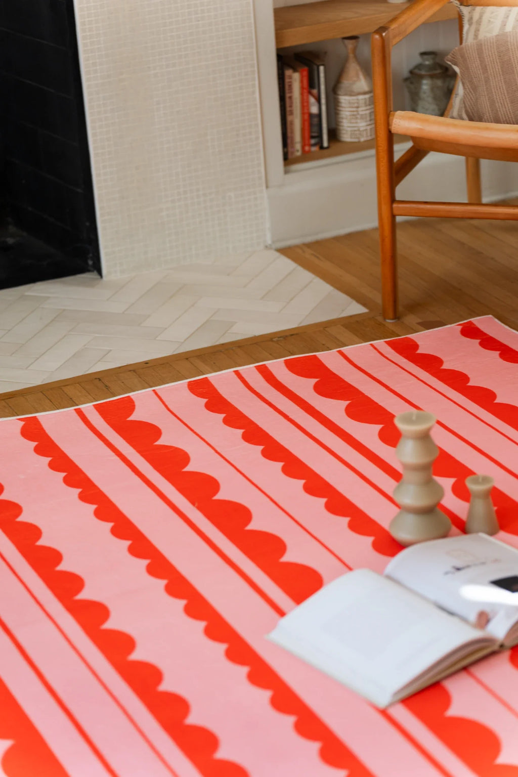 Orange and Pink Scalloped Striped Rug by Becca Franks