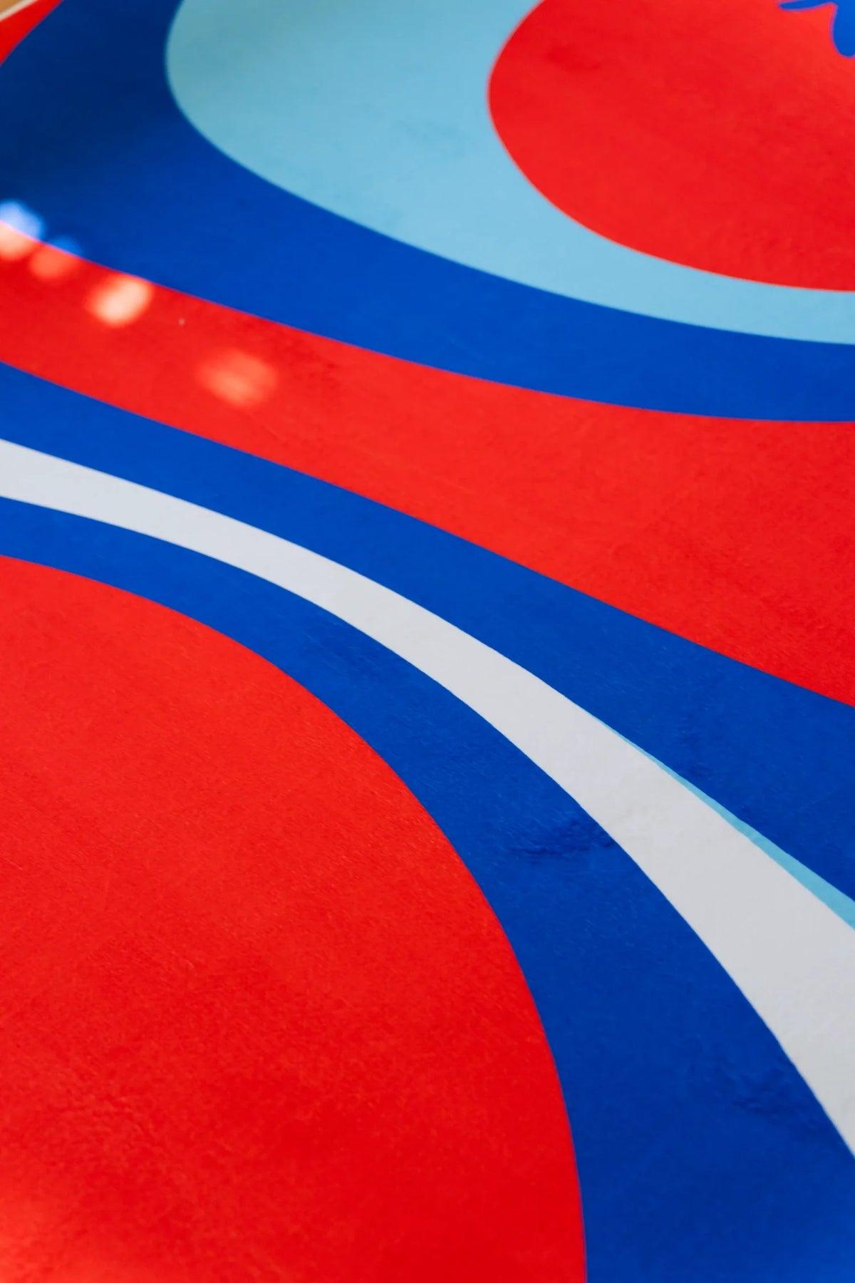 Detail of the blue and red rug showing broad red curves, royal blue bands, and a pale blue border