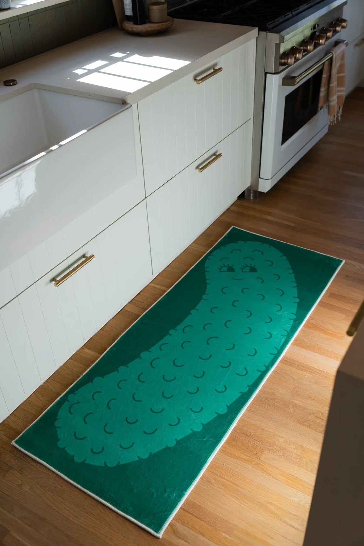 Green Cartoon Pickle Runner Rug by Becca Franks