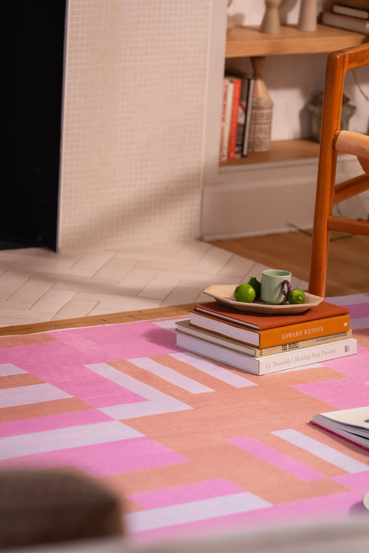 Pink Geometric Lattice Rug by Heather Zhou