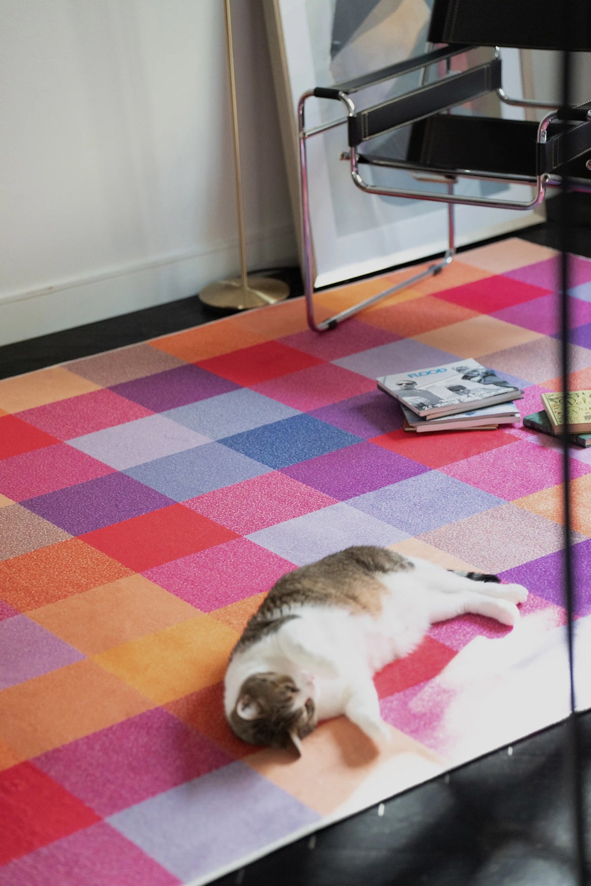 Vintage rug with layered color blocks as a cat rests beside a chrome chair in a studio corner