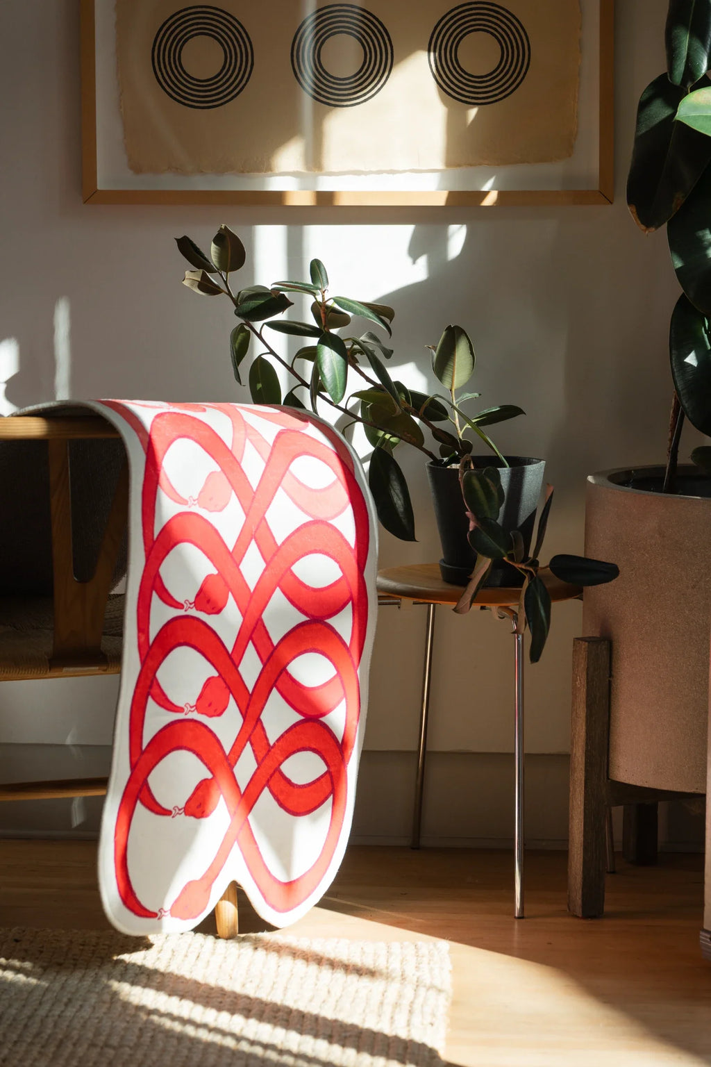 Red loop snake rug standing in a sunlit corner beside a chair and plants, showing the symmetrical runner shape