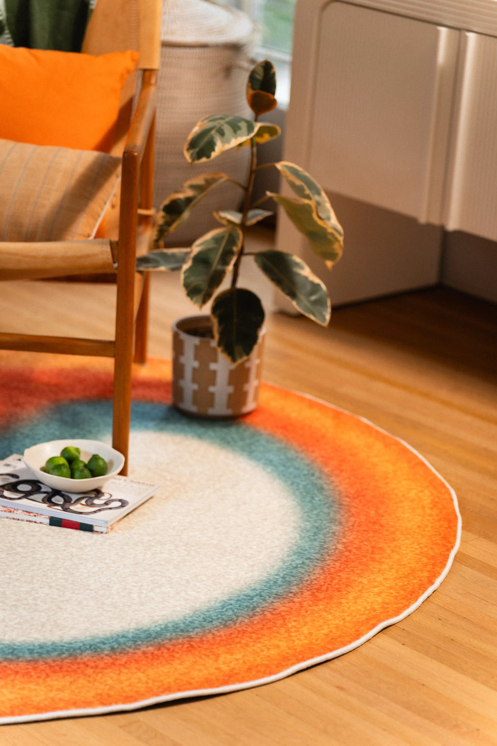 Orange outer ring and teal inner ring surrounding an off-white rug center beside a potted plant and open magazine.
