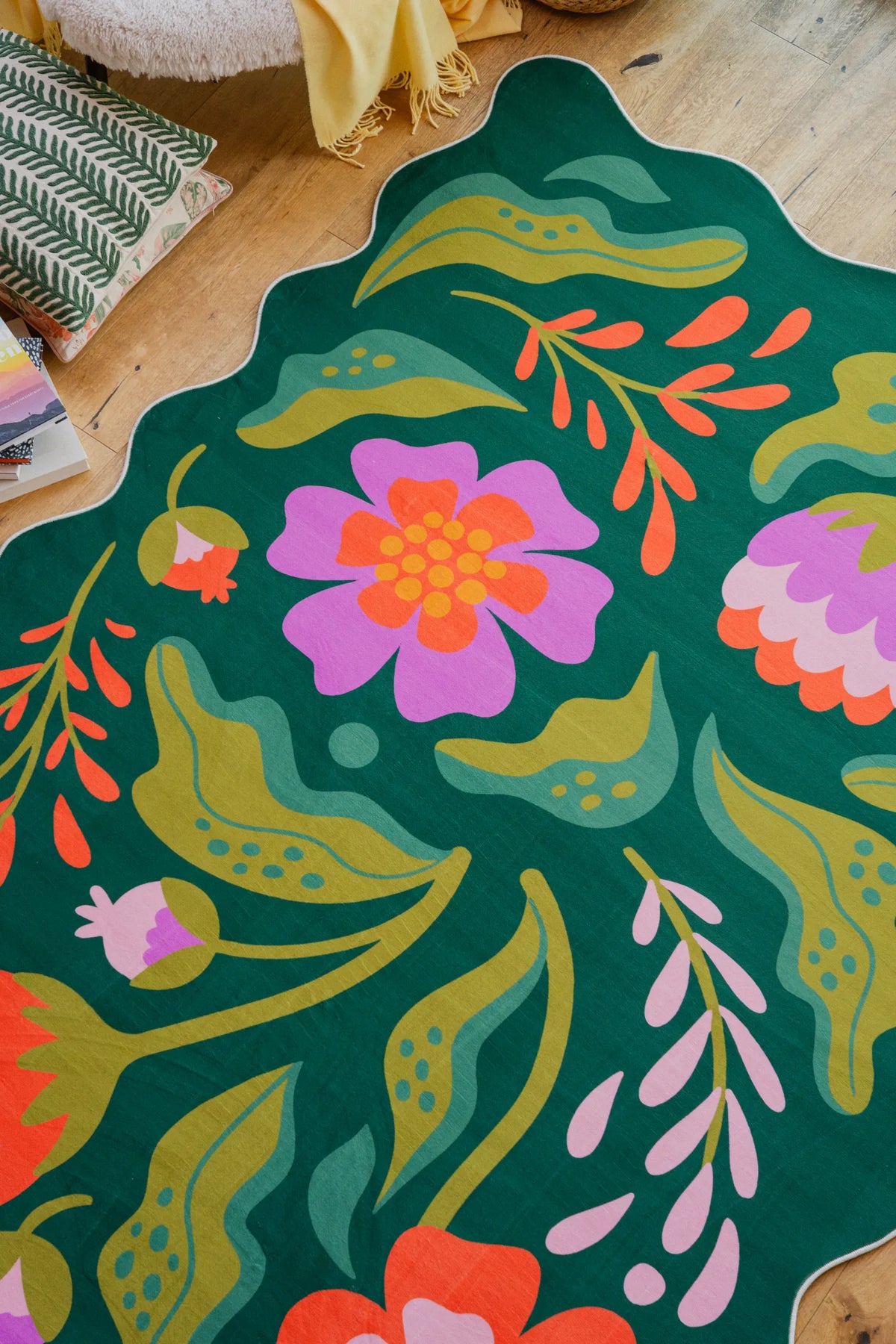 A closer look at the green rug with pink florals