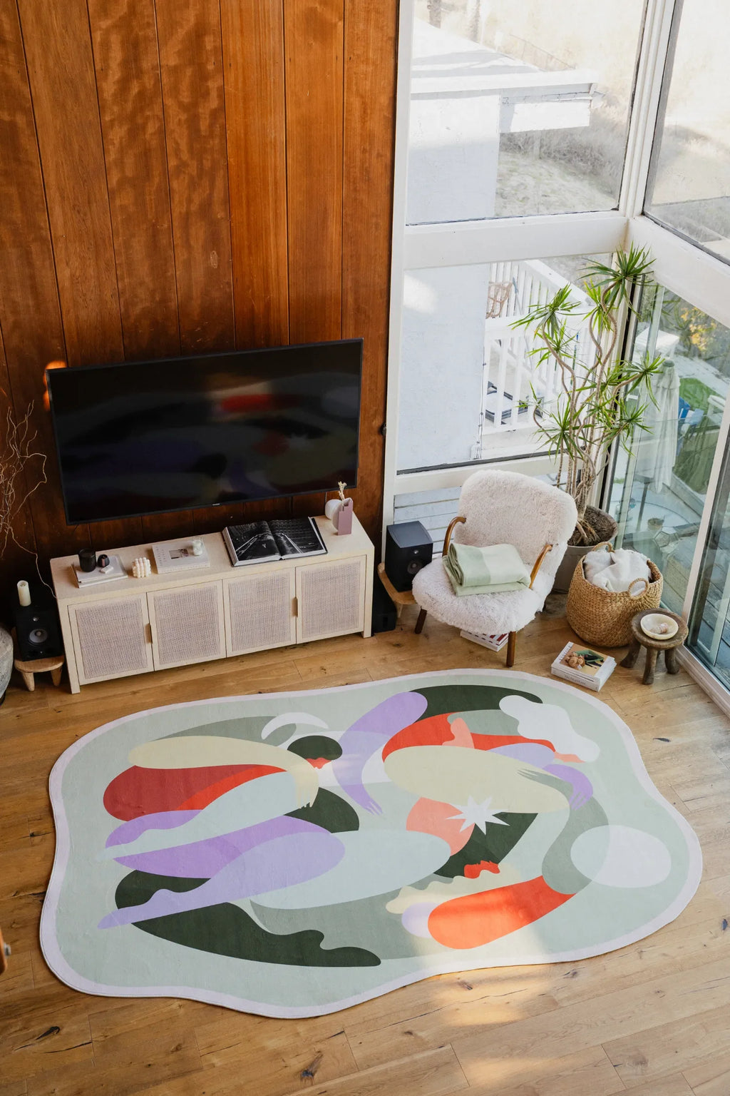 Pastel abstract rug styled beneath a TV stand in a sunlit corner, complemented by indoor plants and soft furnishings.