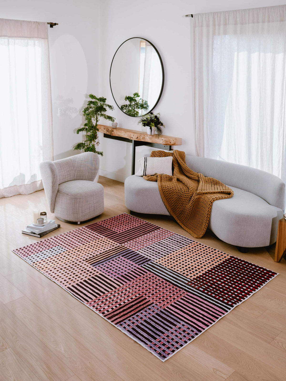 View of LanySpace Red Polka Dot and Stripe Pattern Rug in Living Room
