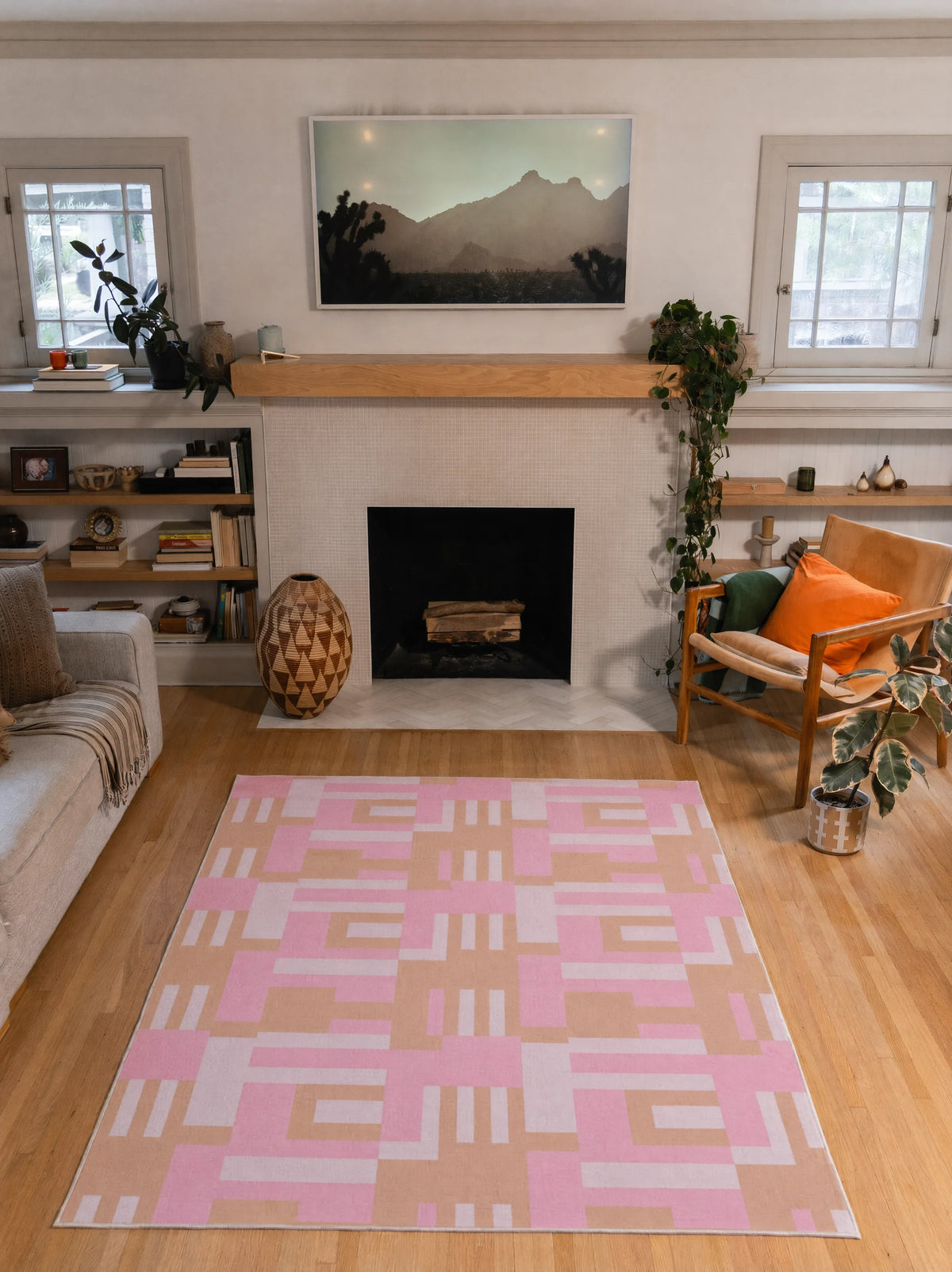 Pink Geometric Lattice Rug by Heather Zhou