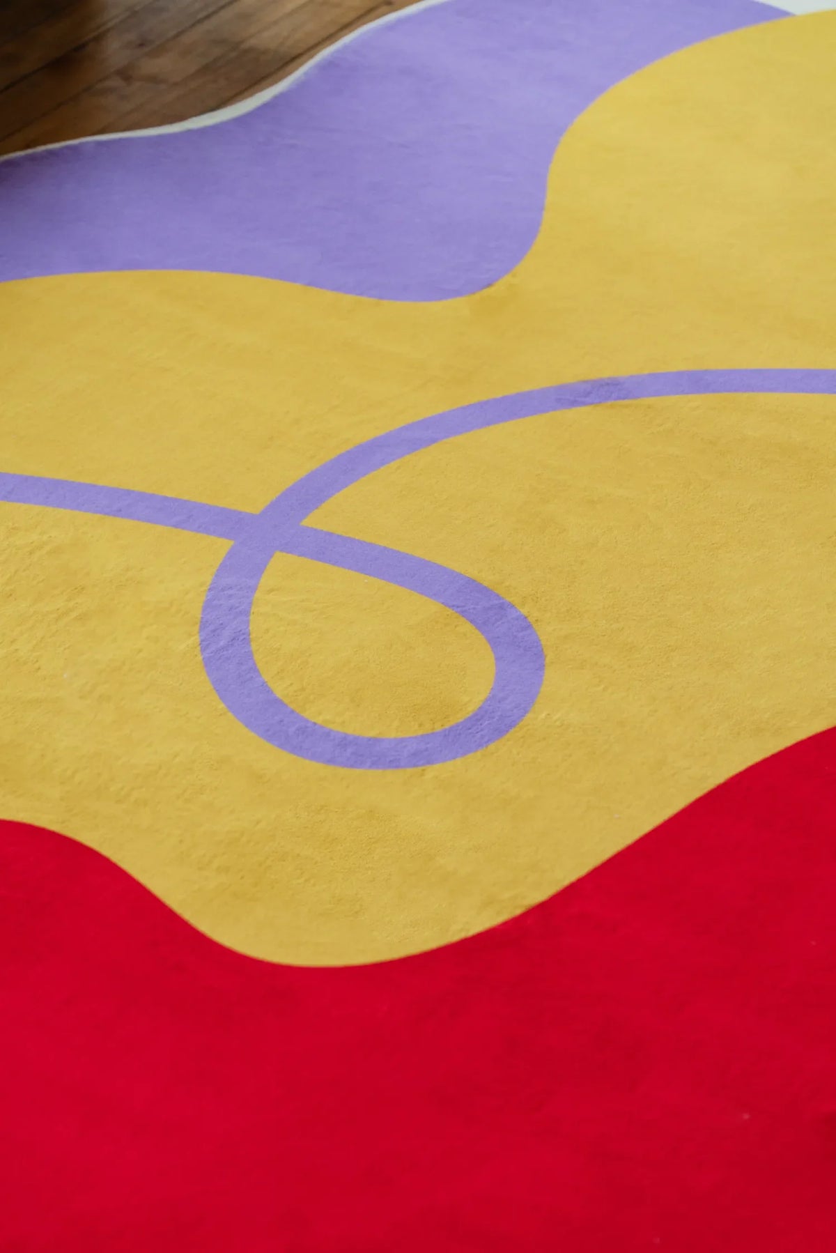 Playful modern area rug in yellow, purple, and red tones, captured close-up to highlight its swirling abstract detail.