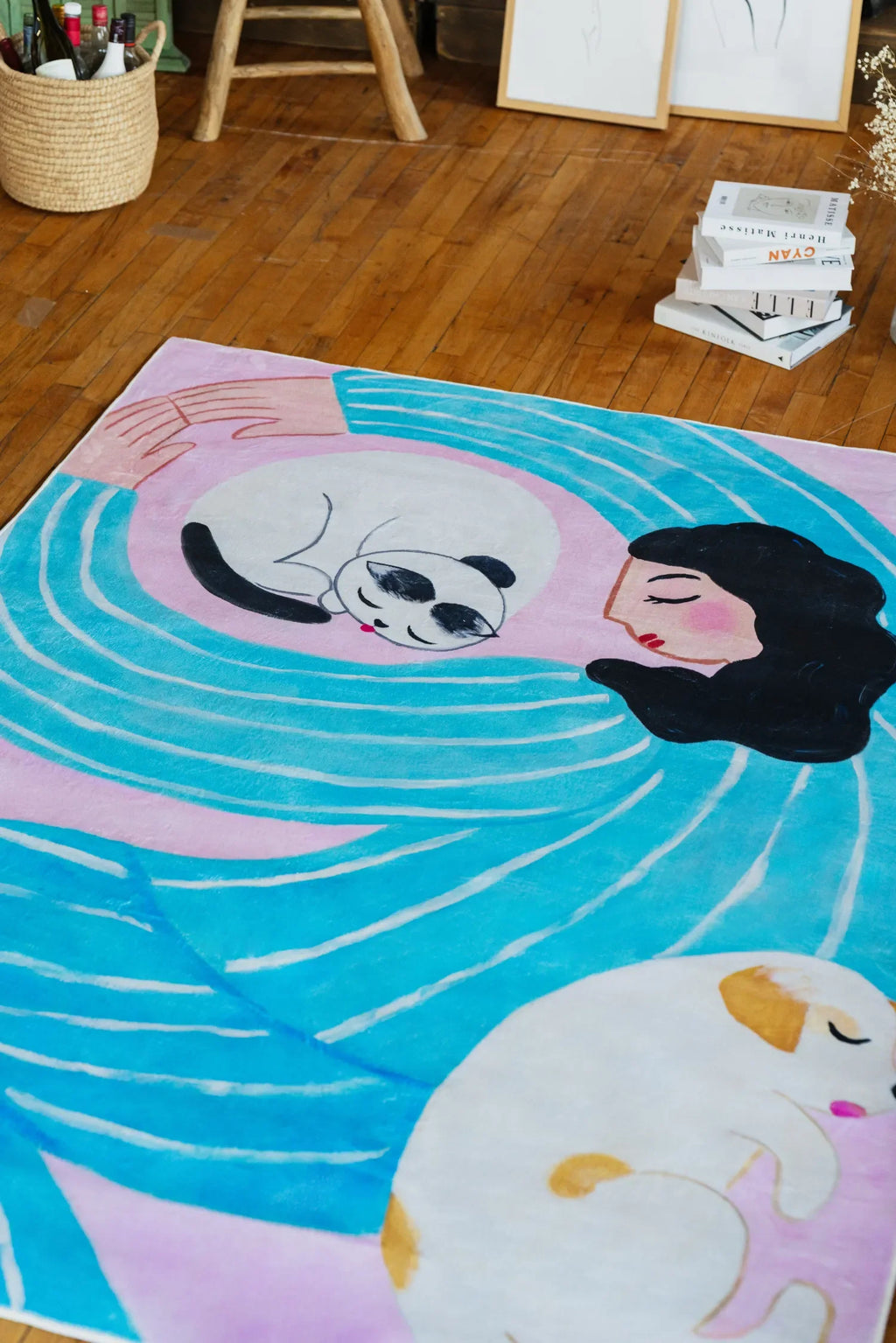 Funky Cat Lover Rug featuring woman and cat design, placed near a woven basket and framed art for a relaxed, eclectic vibe.