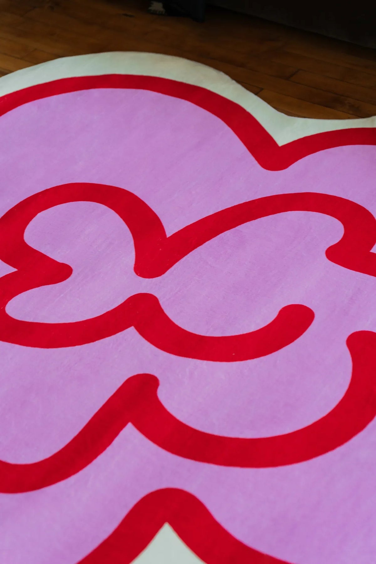 Close-up of the pink Funky Flower Shaped Irregular Rug on wood floor, showing bold red outlines that bring playful detail to the room.
