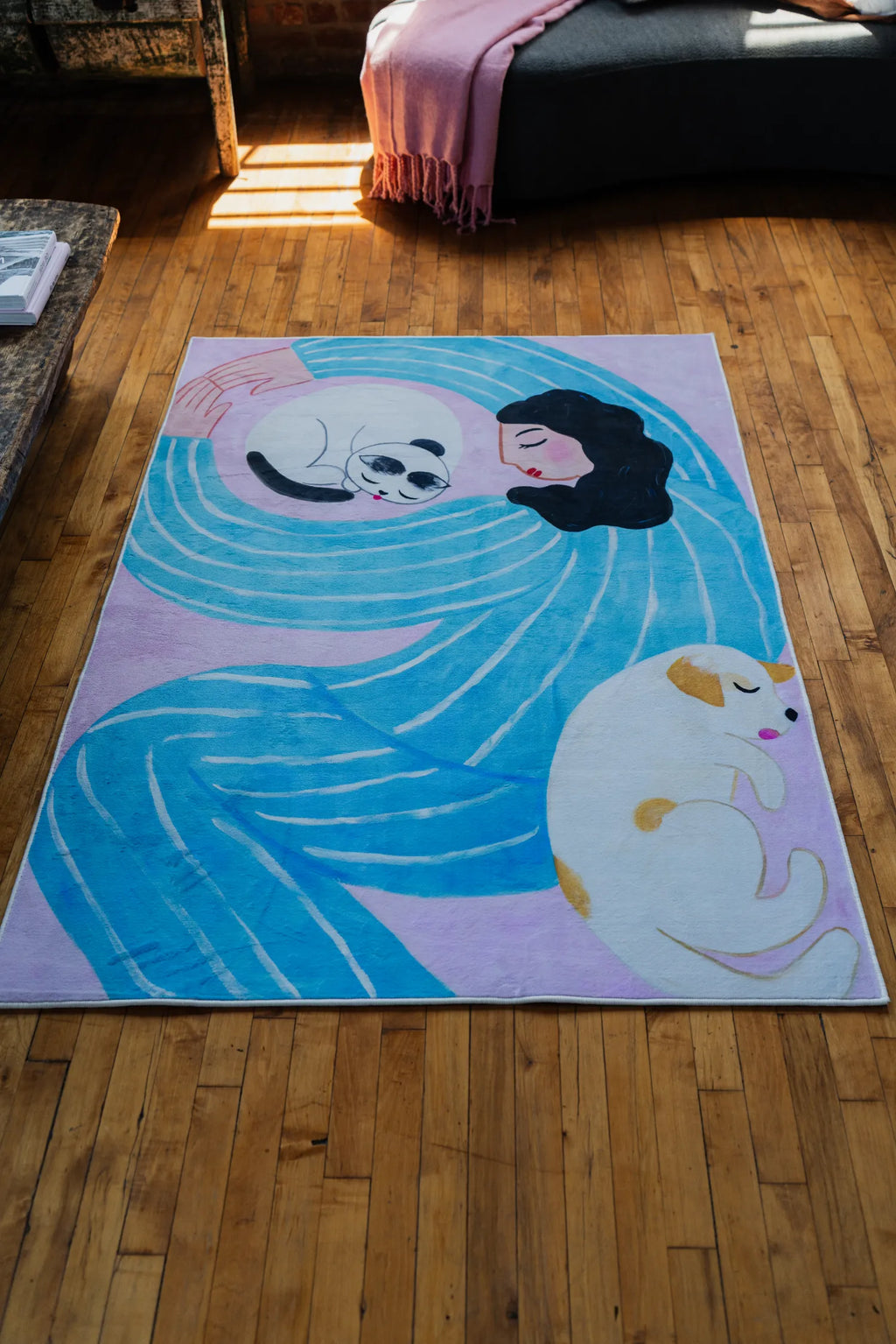 Cat Lover Rug in lilac with blue swirls in 3'X4' feet, shown on hardwood flooring with soft natural light.