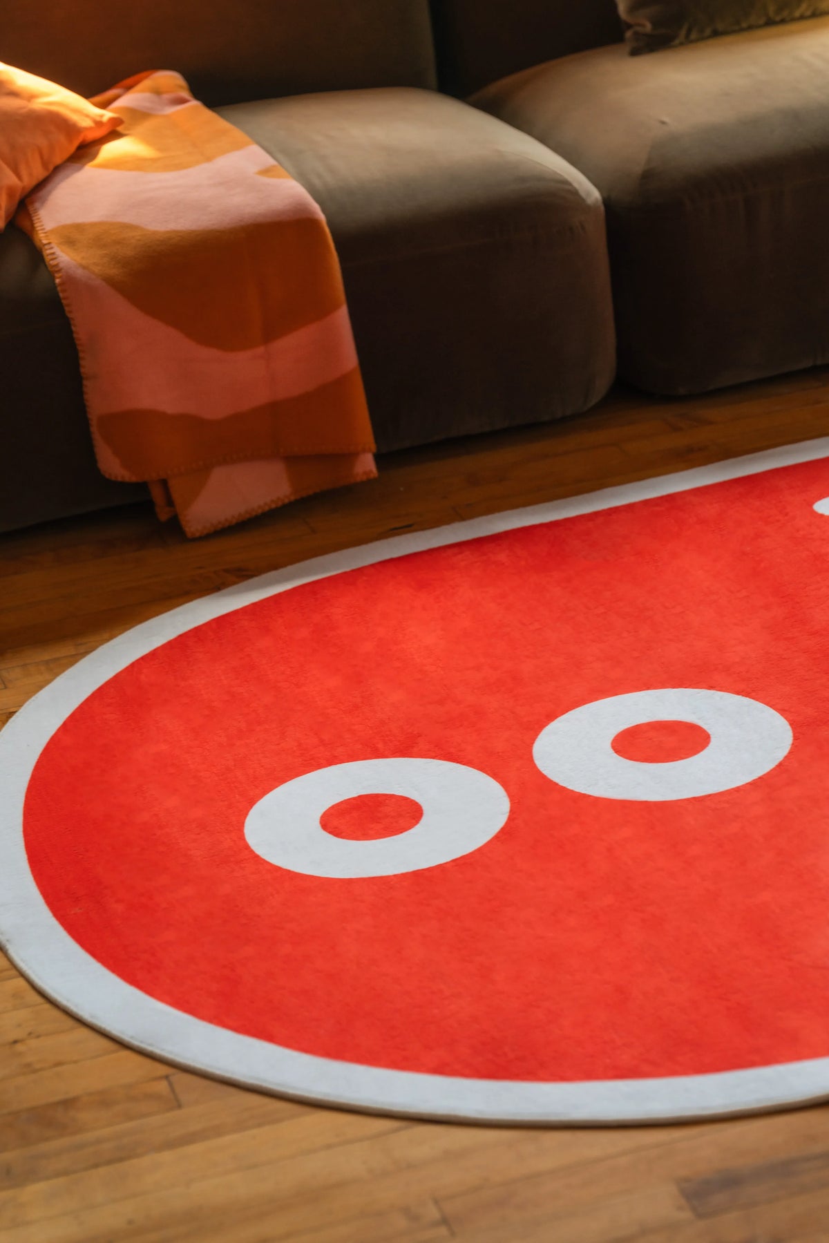 Close-up of orange abstract octopus rug with white eyes near brown sofa on sunlit wooden floor