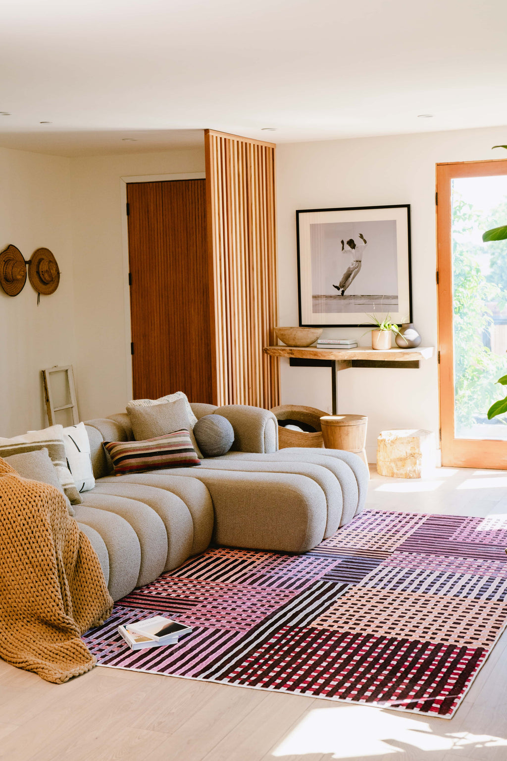 Cozy Living Room with LanySpace Red Polka Dot and Stripe Pattern Rug