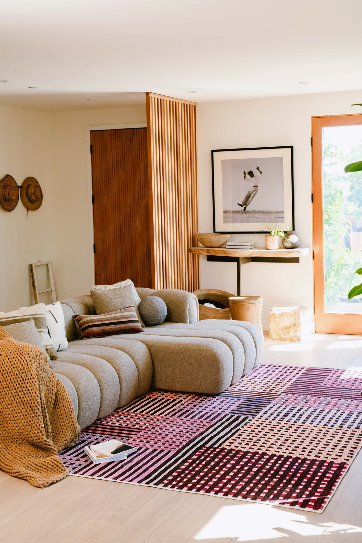 Cozy Living Room with LanySpace Red Polka Dot and Stripe Pattern Rug