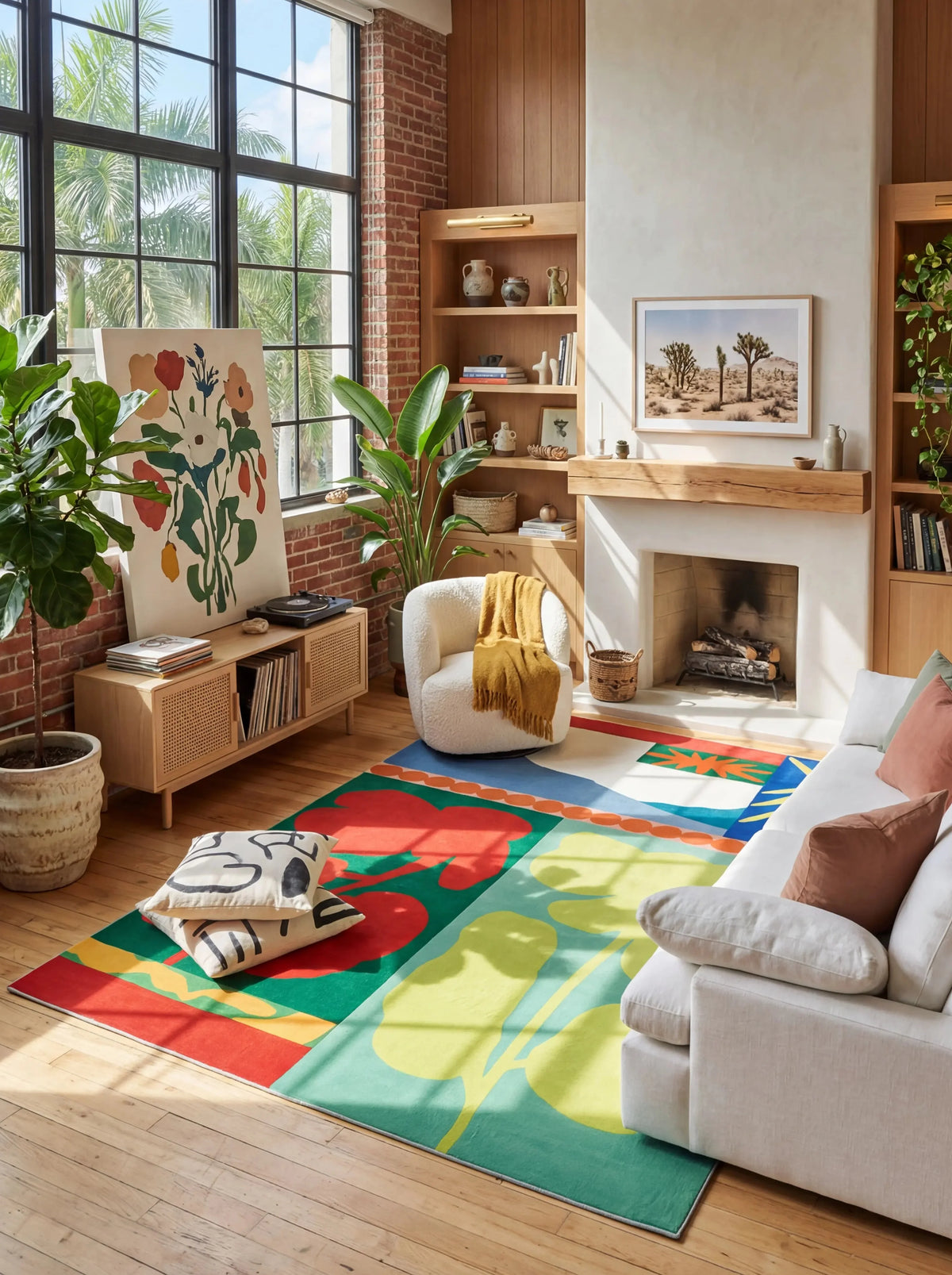 Color block floral rug in a warm retro living room with tall windows, potted plants, and a low magazine stack