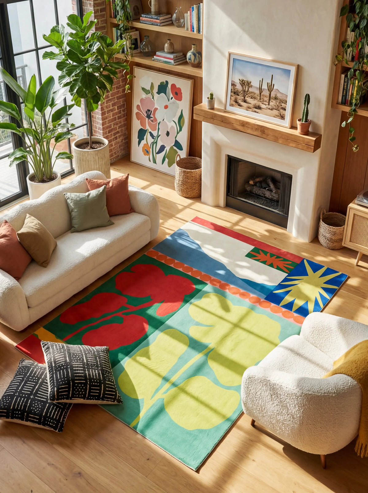 Mid Century Color Block Flower Rug by Sophie Deller in a sunny retro living room with a white sofa and fireplace