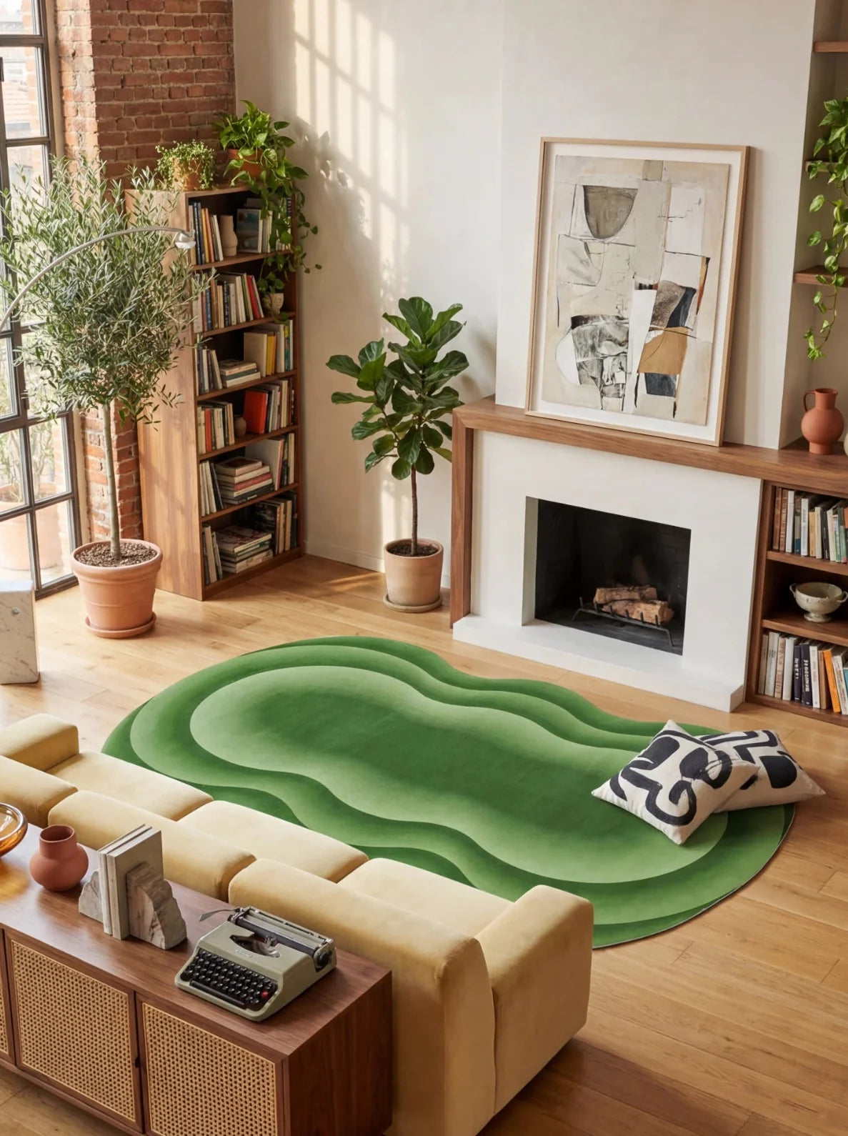 Modern green abstract rug styled near a fireplace with built in shelves, plants, and a mustard lounge chair