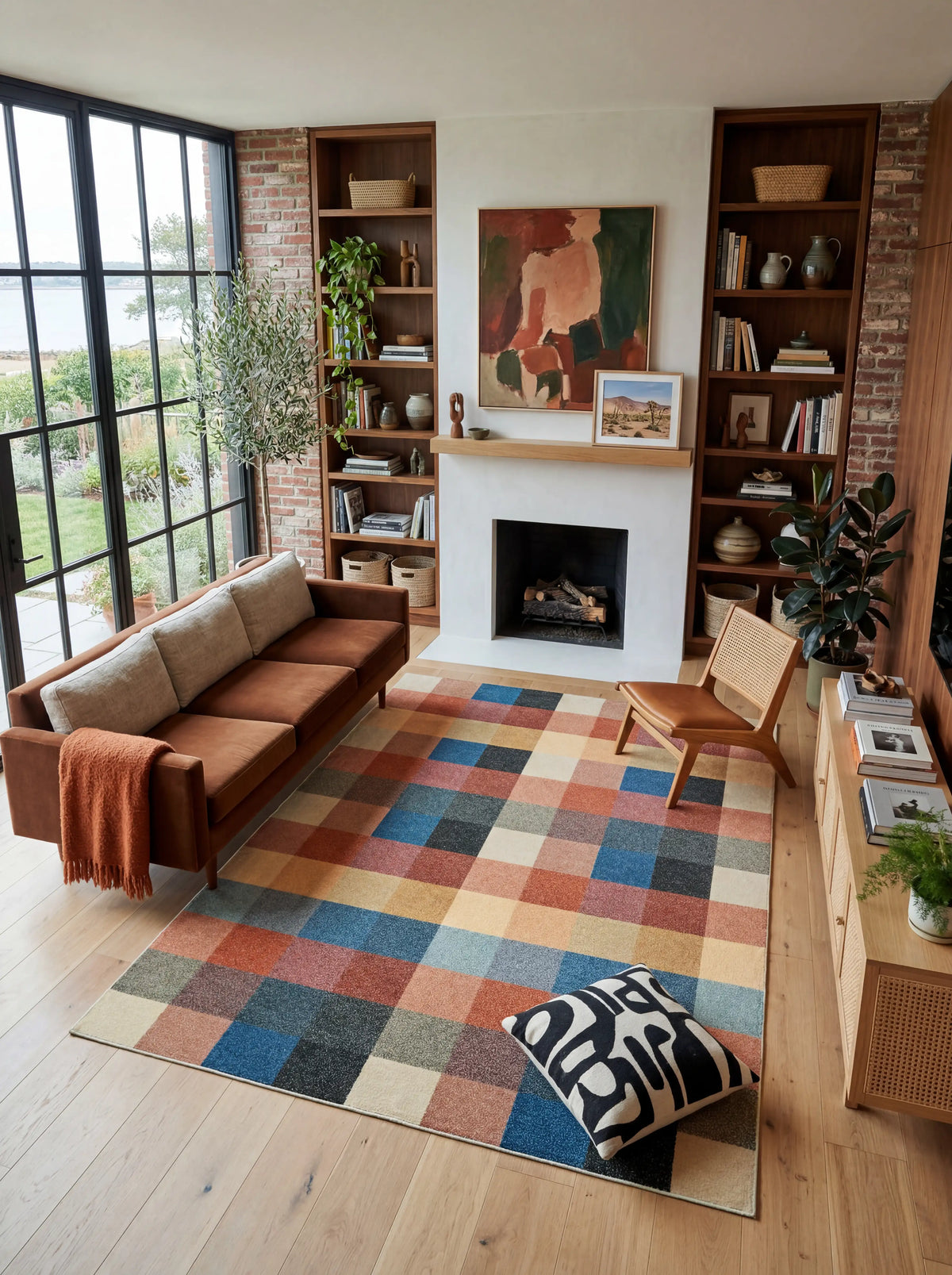 Earthy Brown Vintage Checkered Rug 7'×10' styled in front of a fireplace with built in shelves and a brown sofa